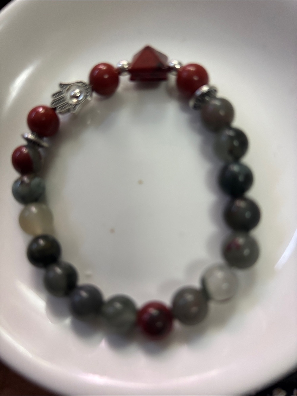 Blood Stone & Red Jasper and Gray Beaded Stretch Bracelet with Hamsa Charm